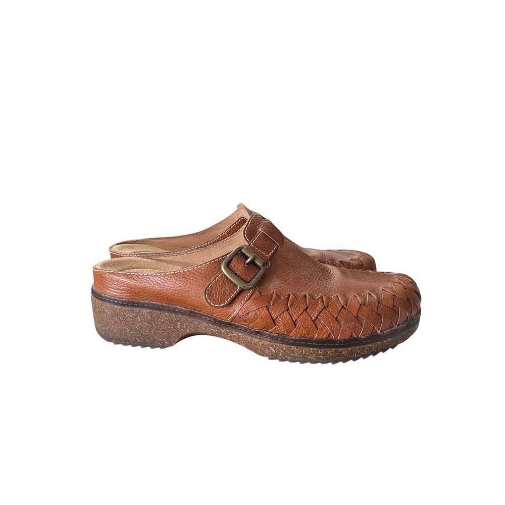 Brioso Womens Woven Leather Jordyn Clogs Cognac Brown Buckle Mules Size 8.5